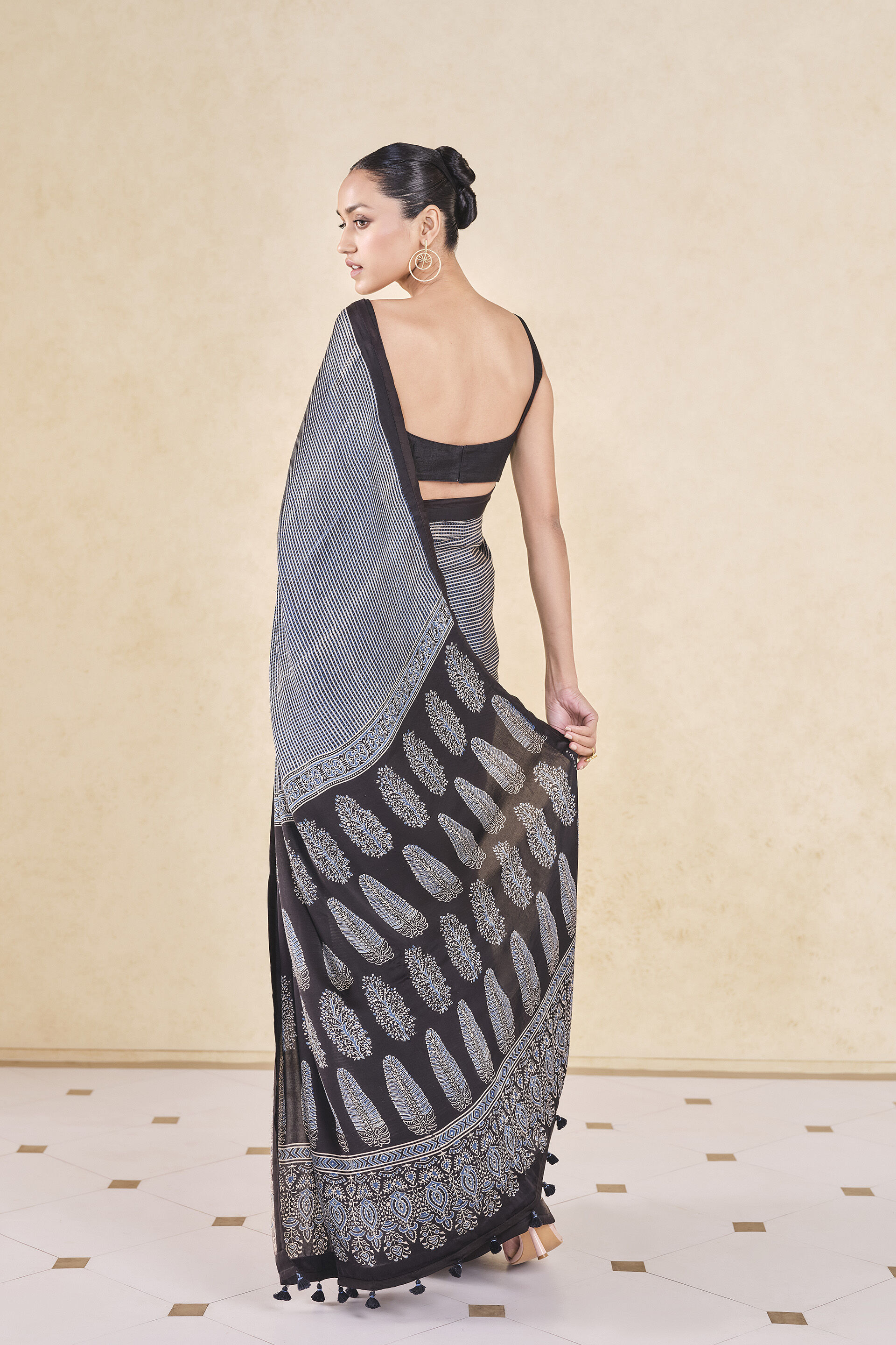 Korat Handcrafted Ajrakh Saree&nbsp;- Black, Black, image 2